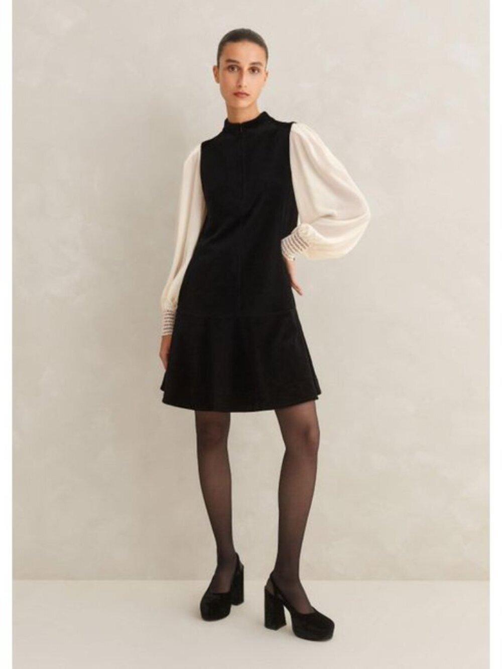 ME+EM Women's Black Sleeveless High Neck Stretch Velour Swing Dress Sz 12 NEW